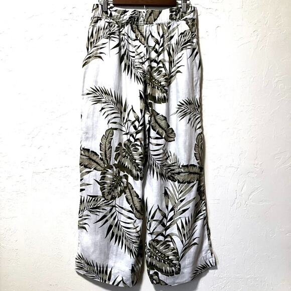 Tahari 100% Linen Wide Leg Pants L White Khaki Tropical Palm Print Resort Beach - Picture 4 of 9